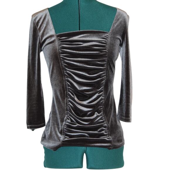 Boston Proper Gray Velvet Ruched Long Sleeve Top Square Neck Fitted XS - Picture 1 of 5